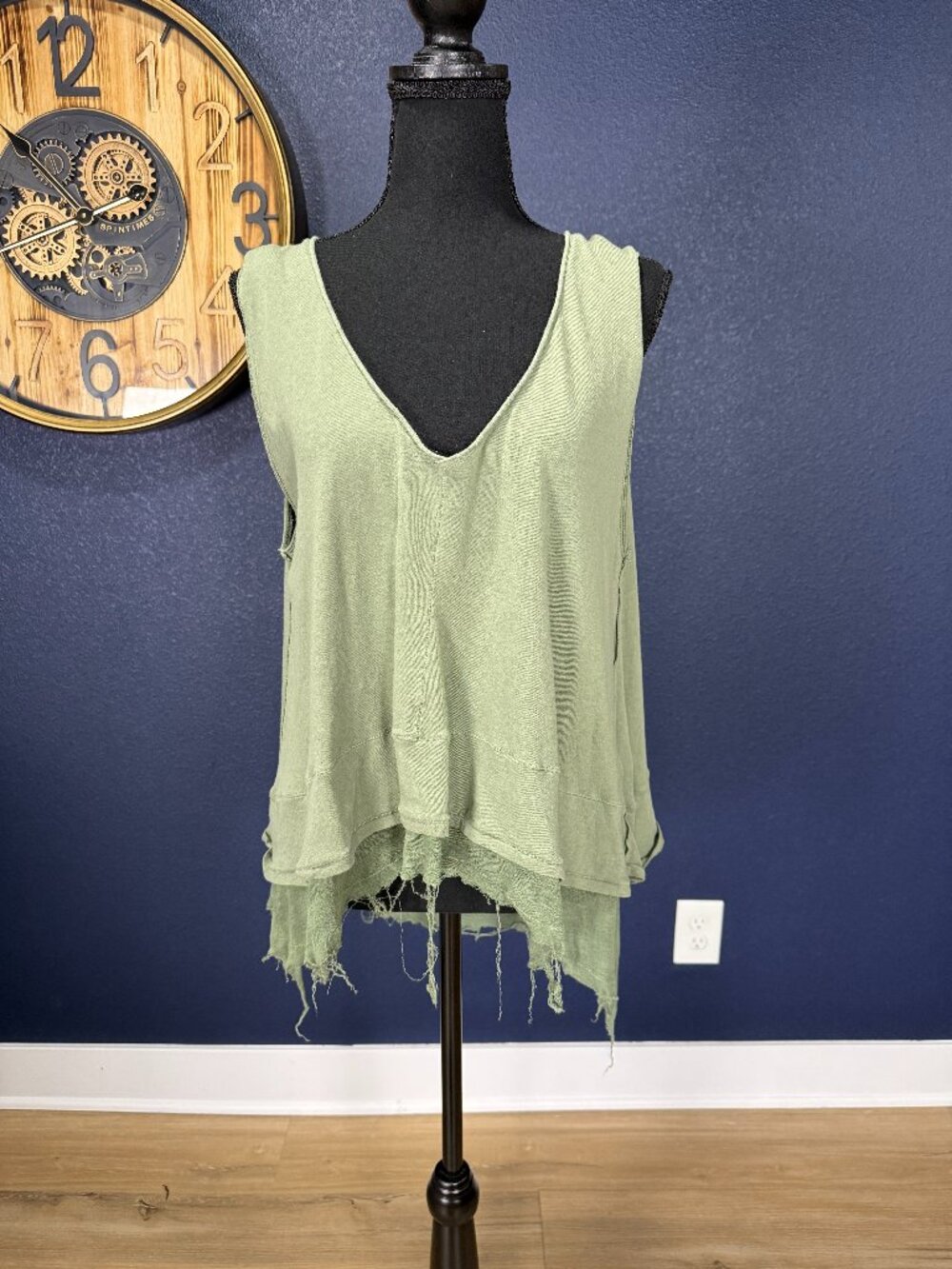 We The Free Sage Green Distressed Raw Hem Tank | S